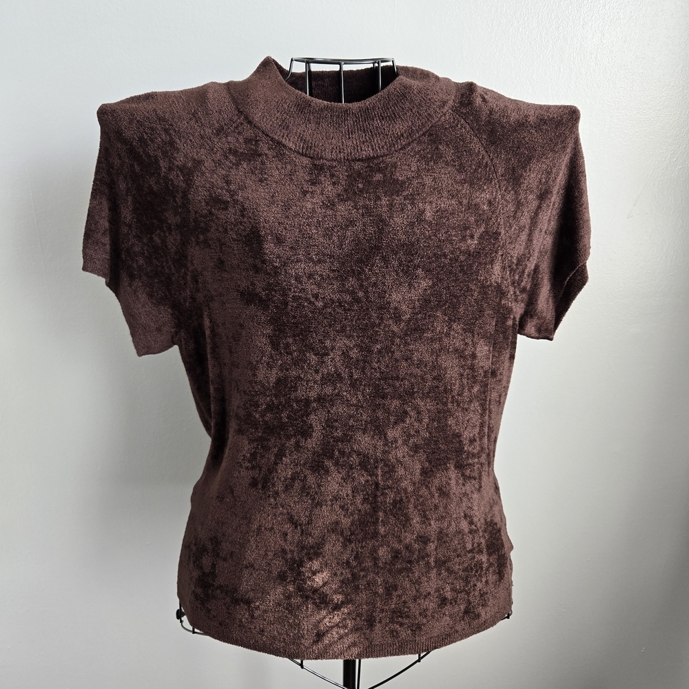 NWT Kasper Brown Textured Chenille Knit Short Sleeve Mock Neck Plush Sweater